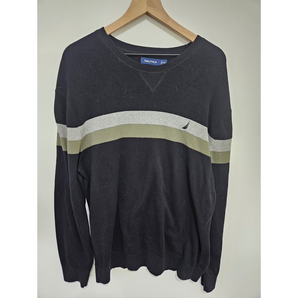 Nautica Mens XXL Navy Blue Cotton Striped Crewneck Sweater J-Class Logo V-Stitch